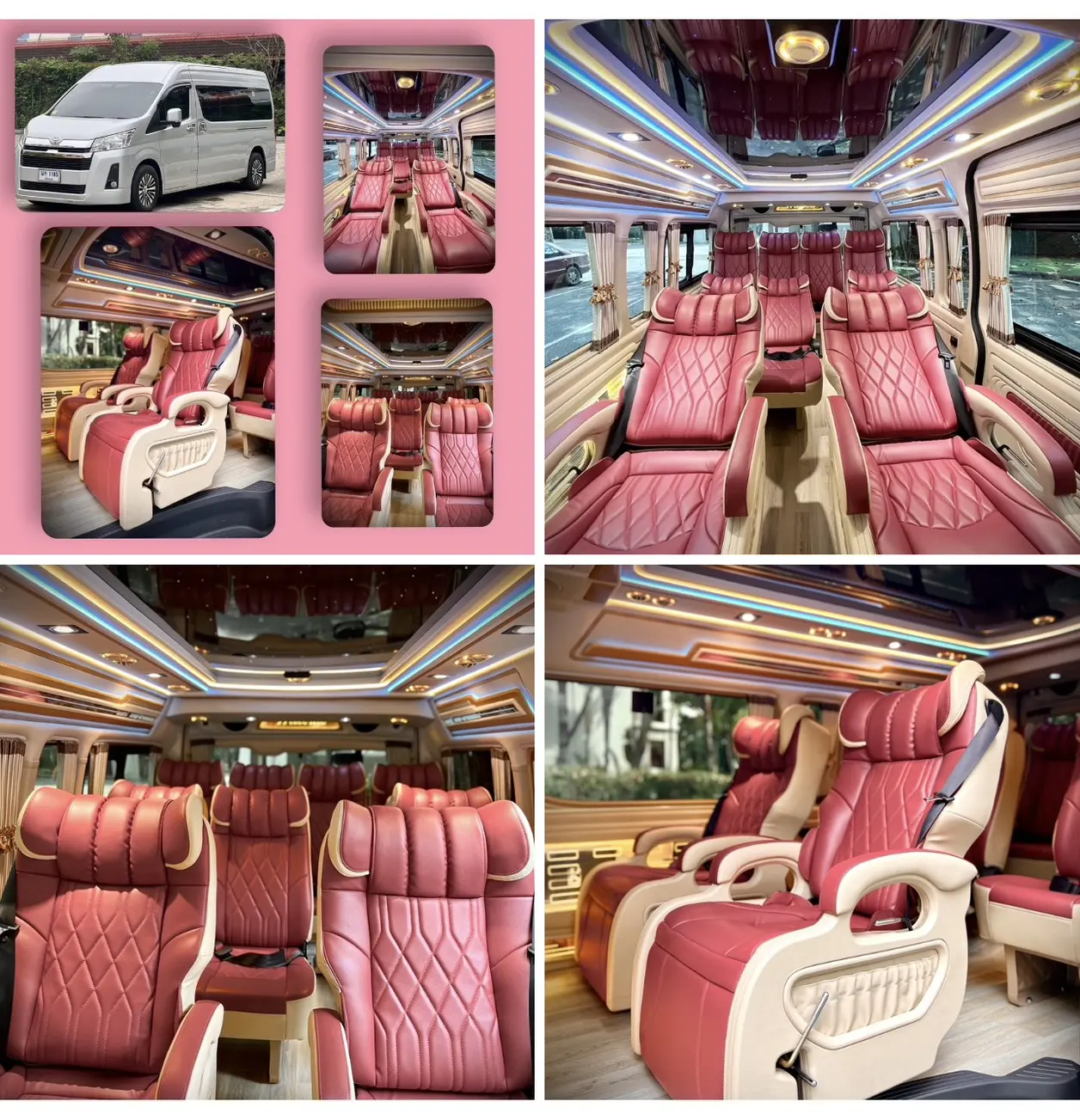 ภาพรวมห้องโดยสารรถตู้ VIP เบาะหนังสีแดงหลายมุม